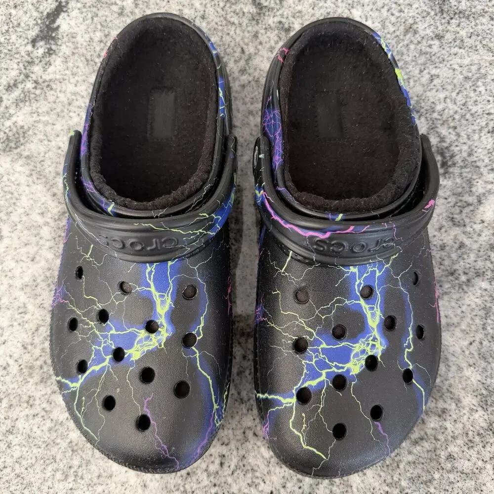 CROCS Classic Lined Clogs Black w Multicolor Lightning Bolts- Men's 8/Women's 10